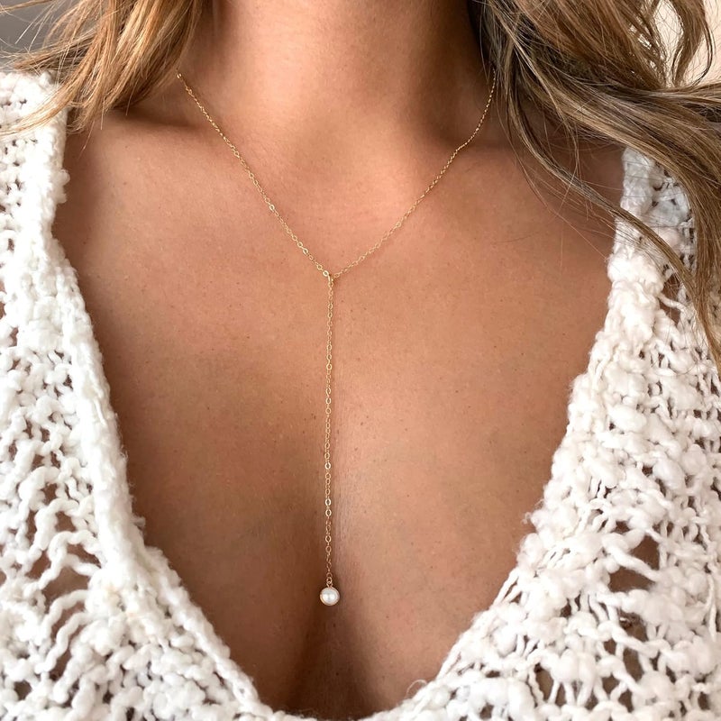 Tewiky Lariat Necklace for Women, Dainty Long Necklaces 14k Gold Plated Heart Pearl CZ Teardrop Pendant Necklace Simple Drop Necklace Trendy Y Necklace Fashion Jewelry for Women - Image 2